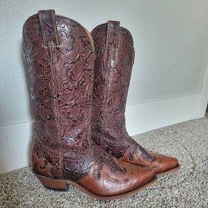 Boulet Women's Hand Tooled Calf with Wingtip Cowgirl Boot Snip Toe